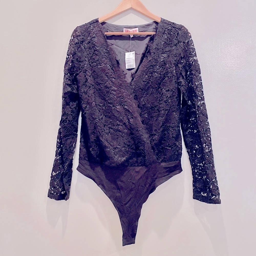 NWT (M) Leyden black lace eyelash lace long sleeves drape wrap thong bodysuit